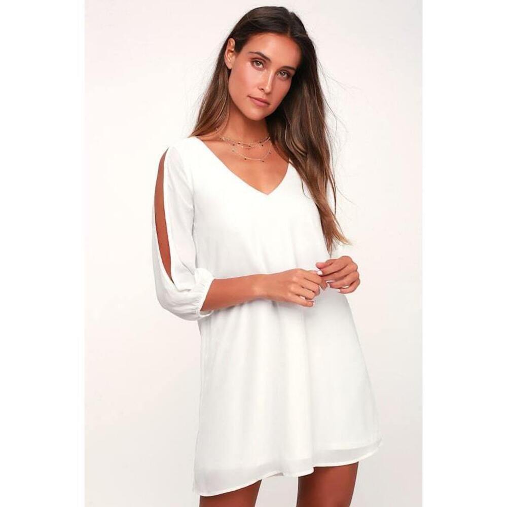 Lulu's White V-Neck Long Sleeve Split-Sleeve Mini Dress